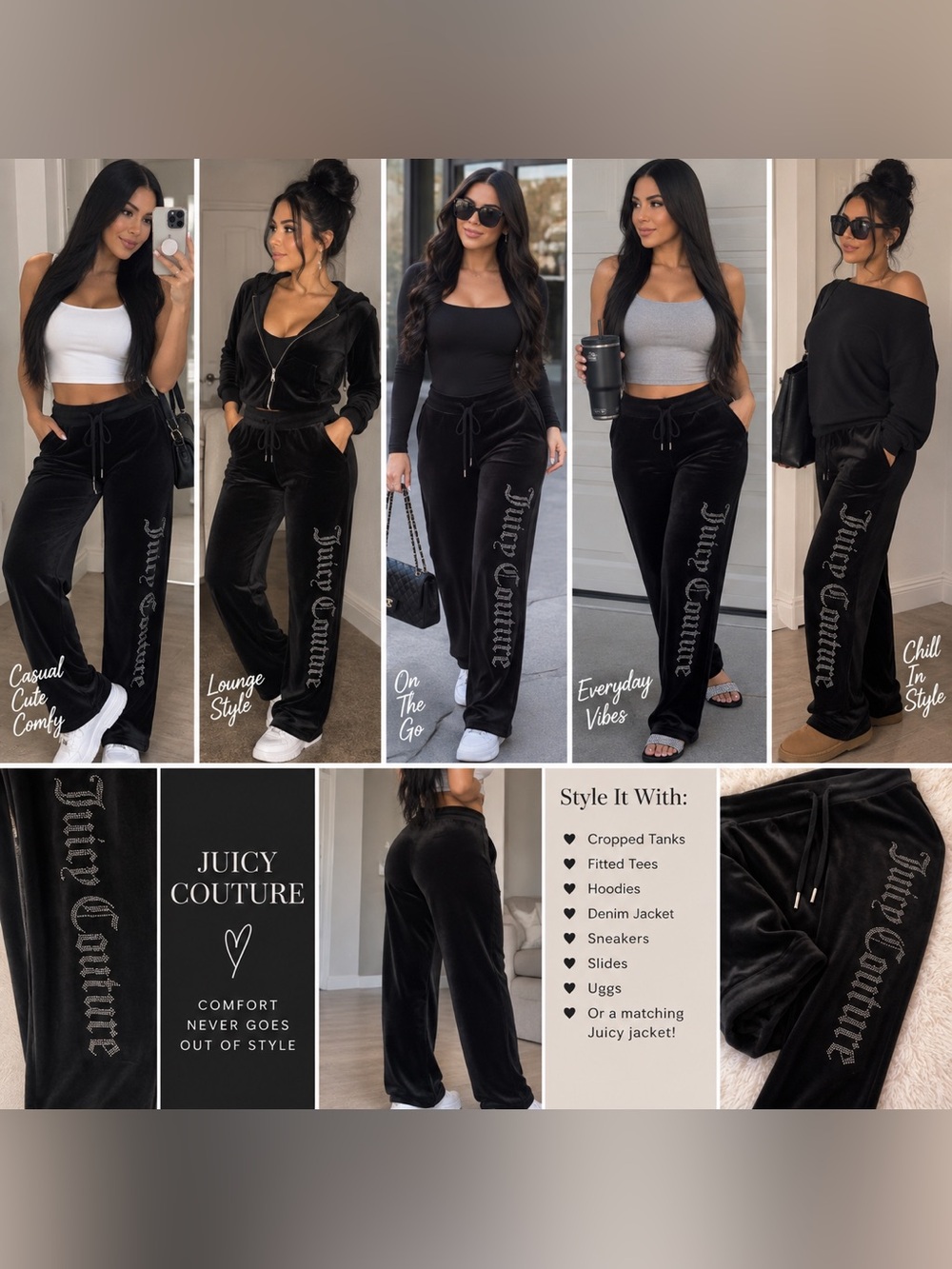 Juicy Couture Black Velour/Velvet Sweatpants – Rhinestone Logo 🖤✨